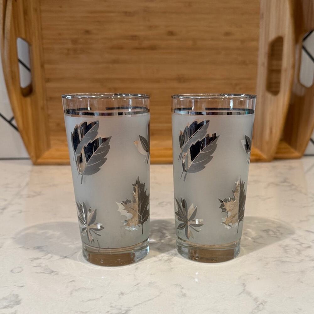 Vintage 70s Libbey Silver Leaf Highball Glasses Set of 2 Made in USA mid-century